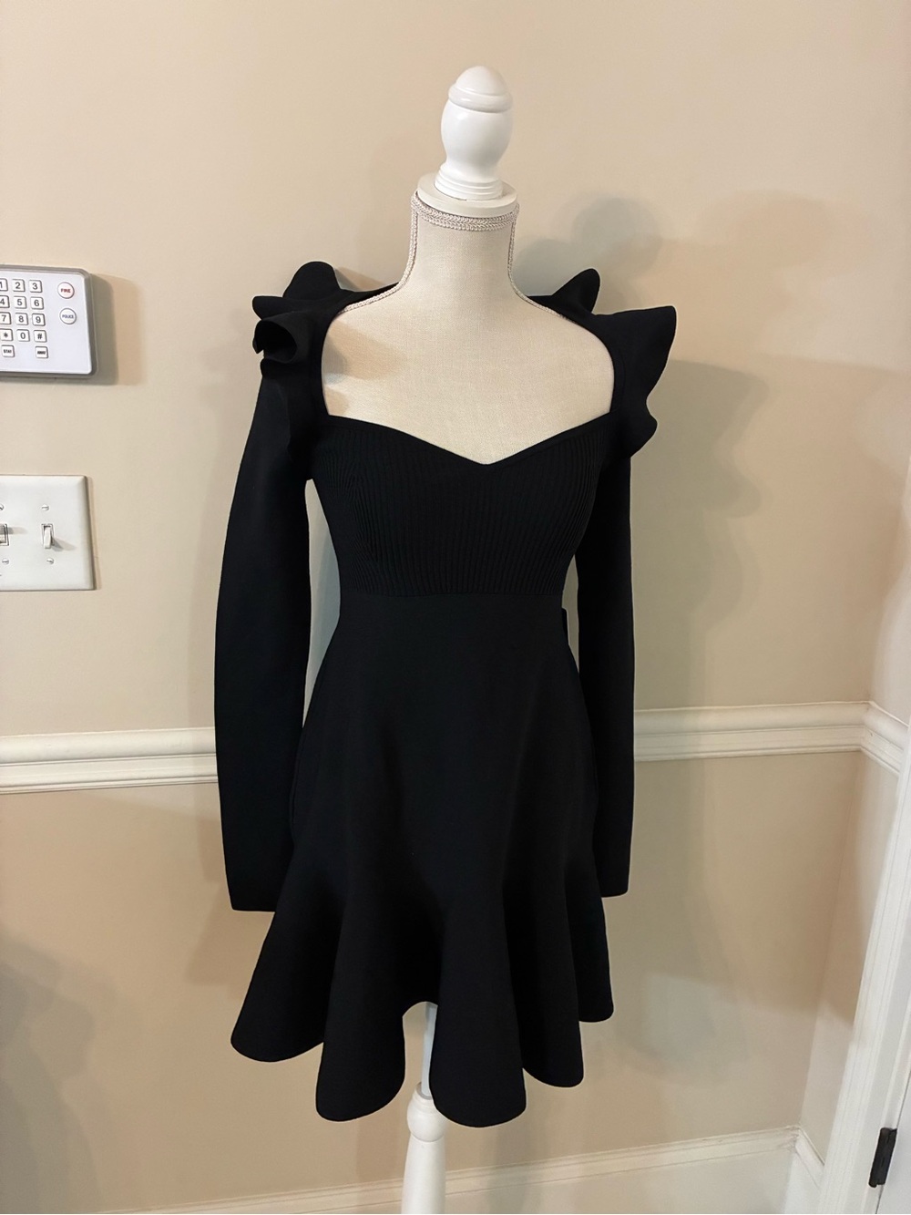 Express Black Long-Sleeve Ruffle-Shoulder Fit & Flare Dress
